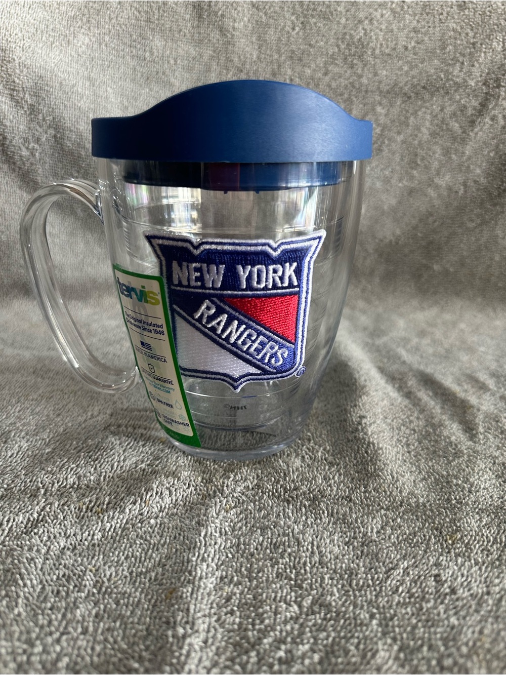 tervis Clear Travel Mug with Blue Lid and New York Rangers Patch